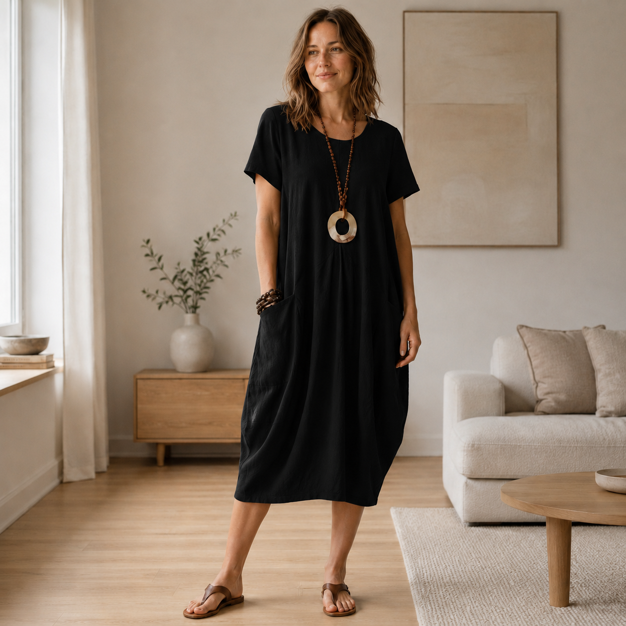 Vestido de Verano de Lino Mira – Corte Holgado con Bolsillos