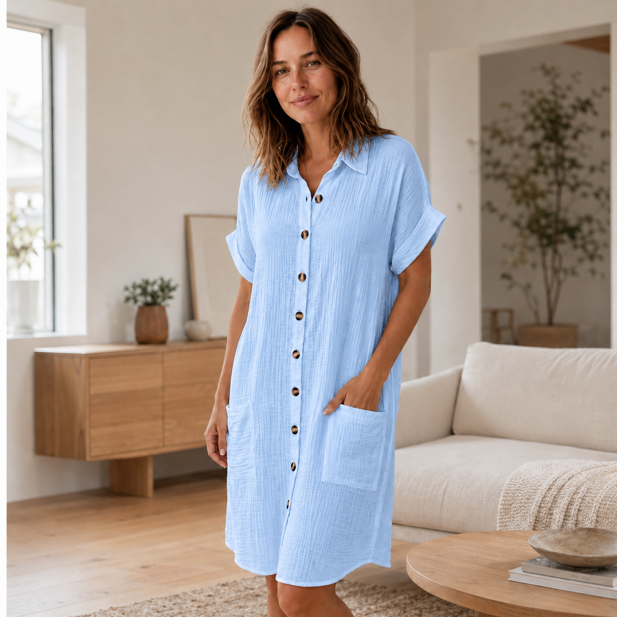 Vestido Camisero de Muselina Edda – Abotonado con Bolsillos