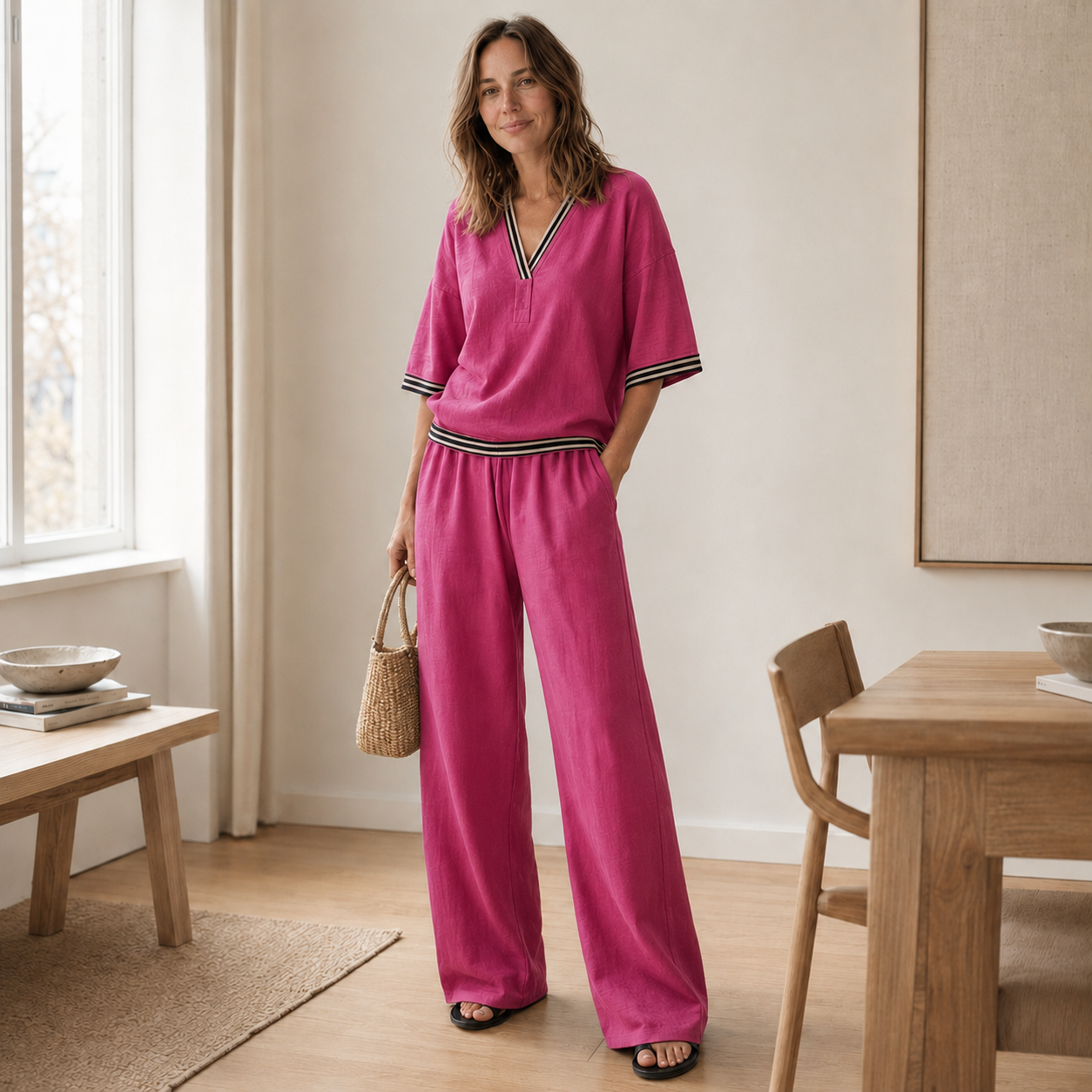 Conjunto Loungewear Nanna – Blusa de Rayas y Pantalón Ancho