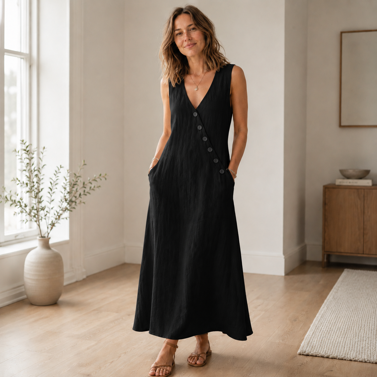 Vestido Largo Ines – Sin Mangas con Escote en V Profundo