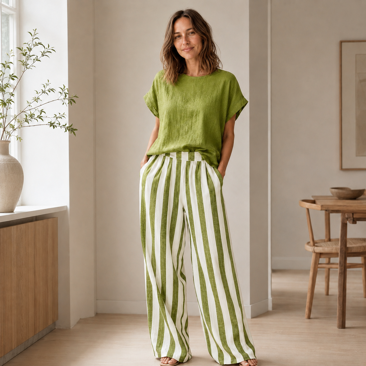 Conjunto Loungewear Runa – Top Básico y Pantalón de Rayas