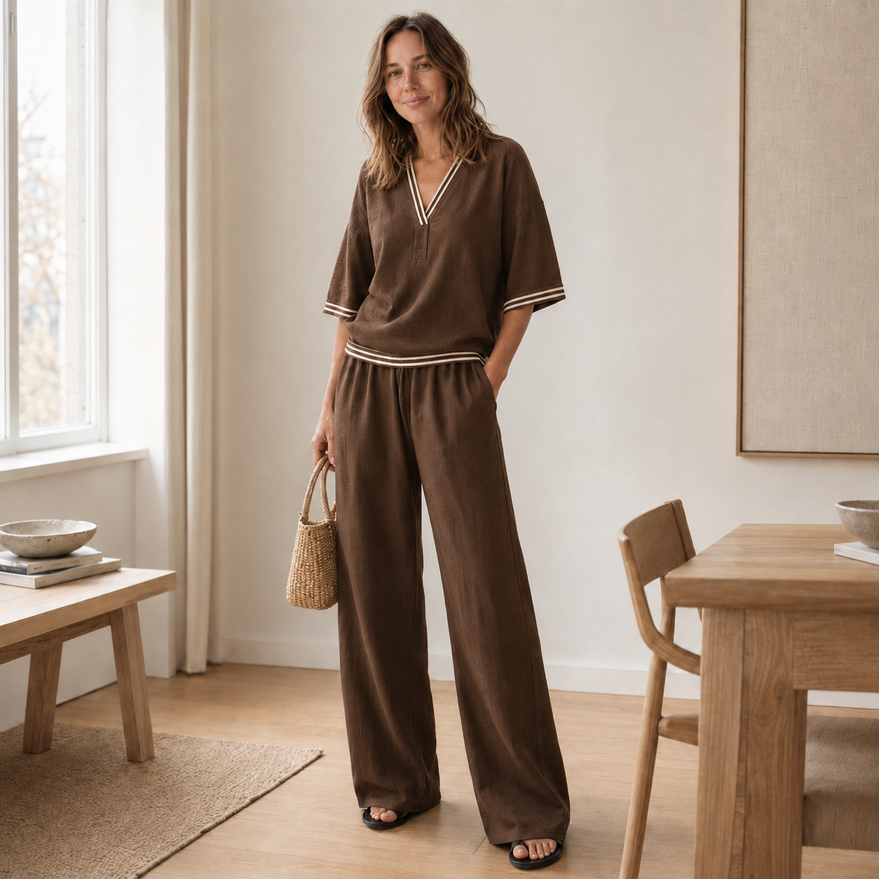 Conjunto Loungewear Nanna – Blusa de Rayas y Pantalón Ancho