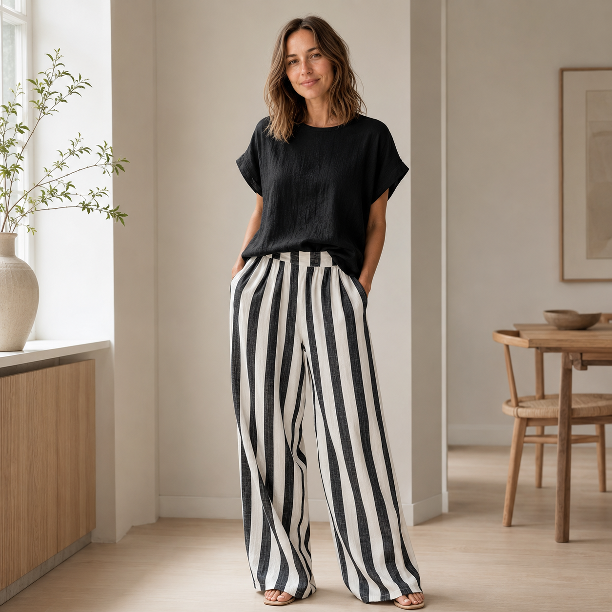 Conjunto Loungewear Runa – Top Básico y Pantalón de Rayas