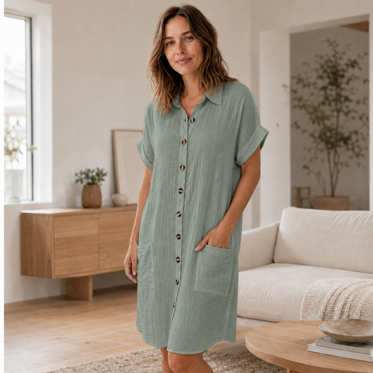 Vestido Camisero de Muselina Edda – Abotonado con Bolsillos