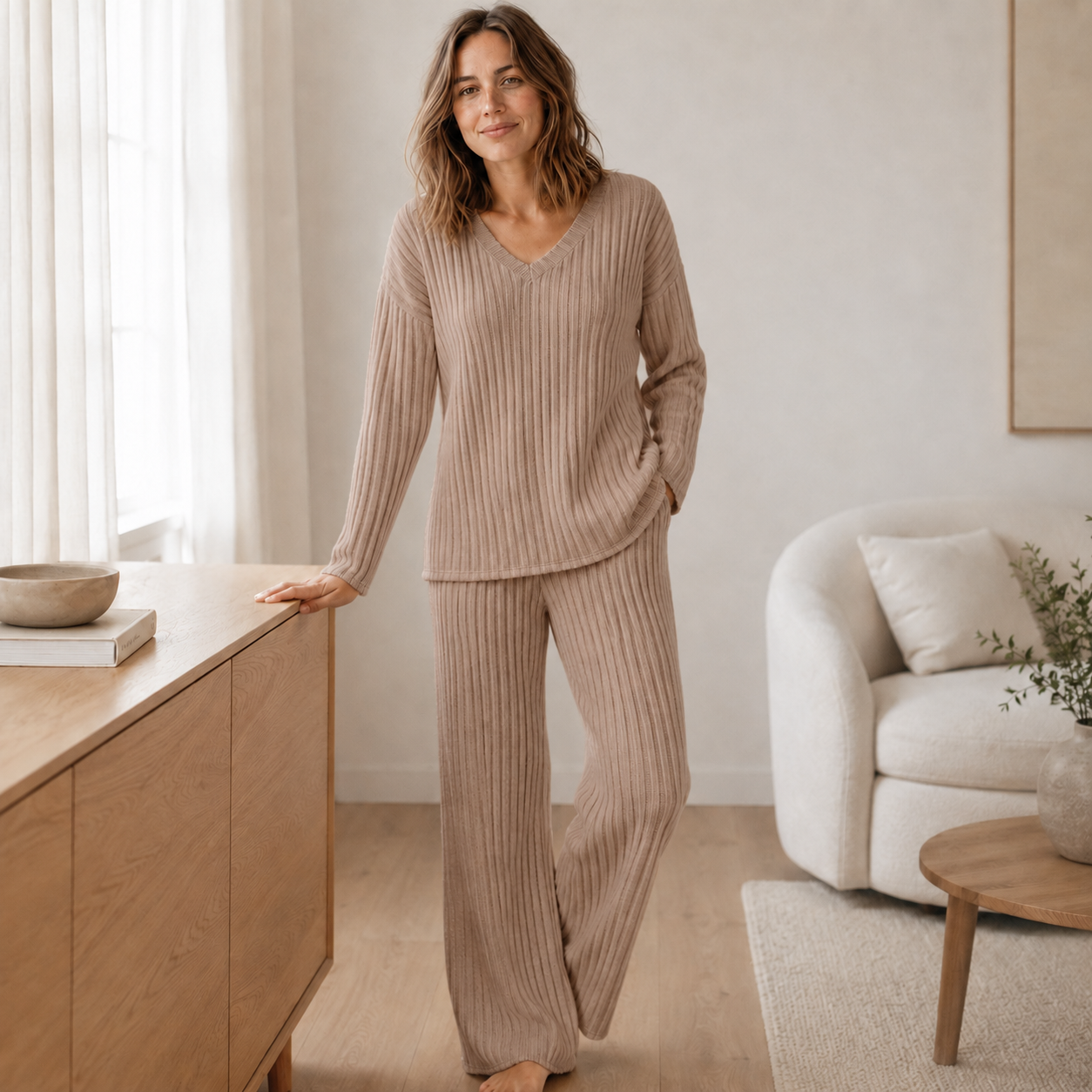 Conjunto Loungewear Elin – Punto Acanalado con Escote en V
