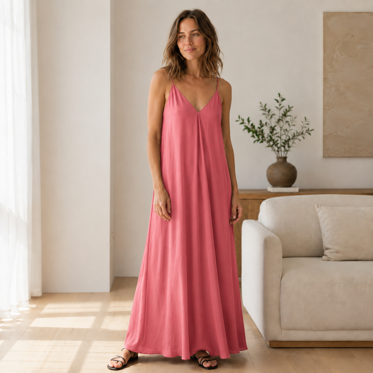 Vestido Largo Lencero Svea – Escote en V de Corte Fluido