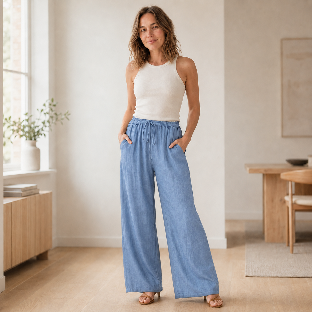 Pantalón Palazzo Alva – Pierna Ancha con Cinturón Anudado