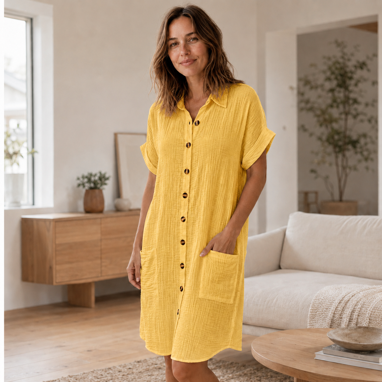 Vestido Camisero de Muselina Edda – Abotonado con Bolsillos