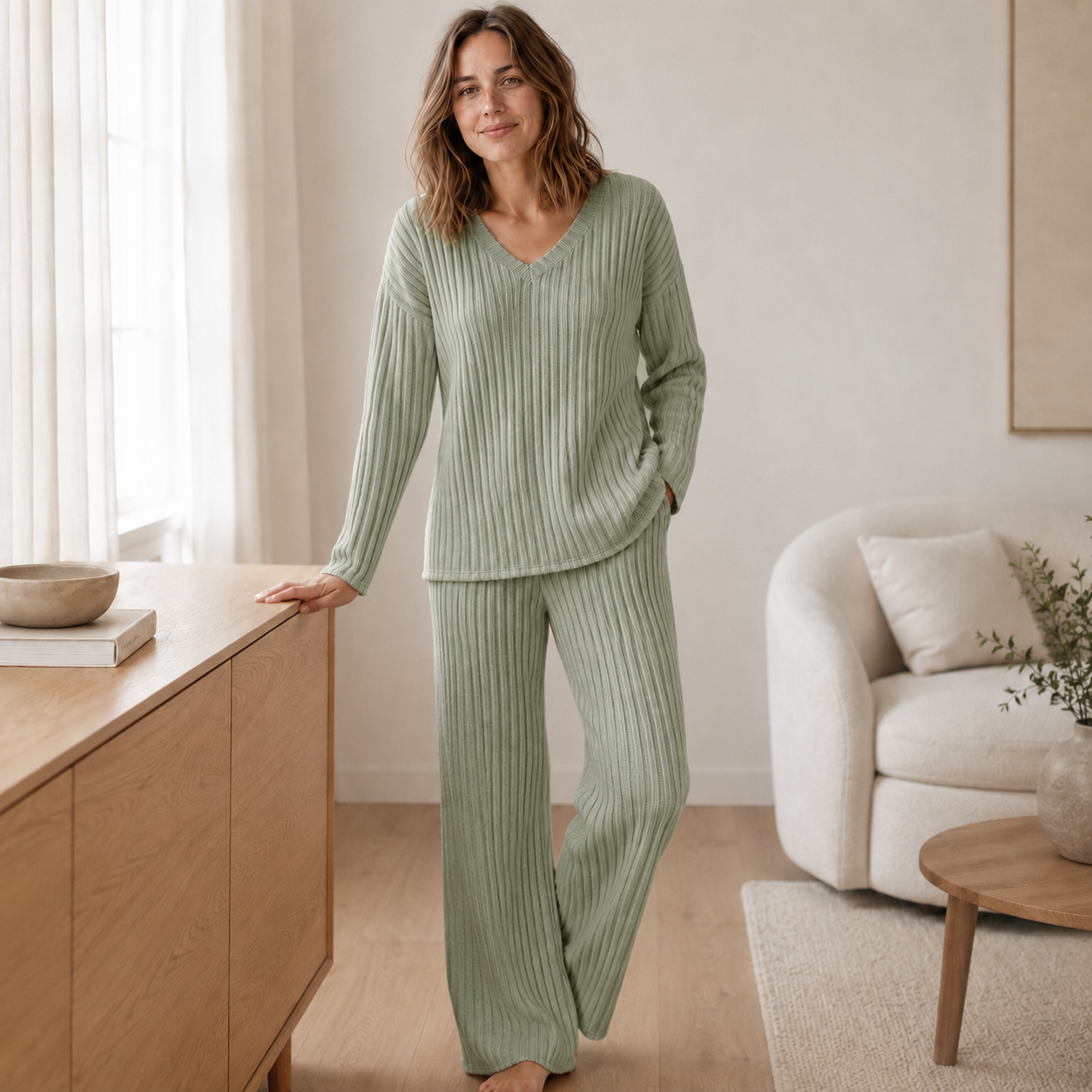 Conjunto Loungewear Elin – Punto Acanalado con Escote en V