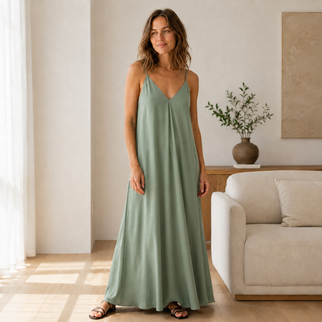 Vestido Largo Lencero Svea – Escote en V de Corte Fluido