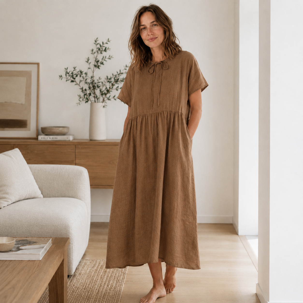 Vestido Trapecio de Lino Hedda – Vuelo Amplio y Cuello Redondo