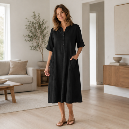 Vestido de Lino Helena – Botonadura y Bolsillos Laterales