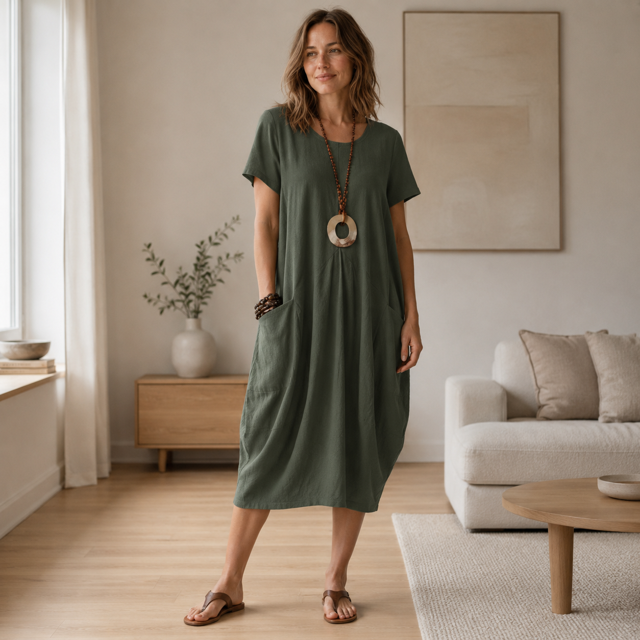 Vestido de Verano de Lino Mira – Corte Holgado con Bolsillos