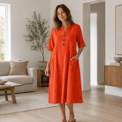 Vestido de Lino Helena – Botonadura y Bolsillos Laterales