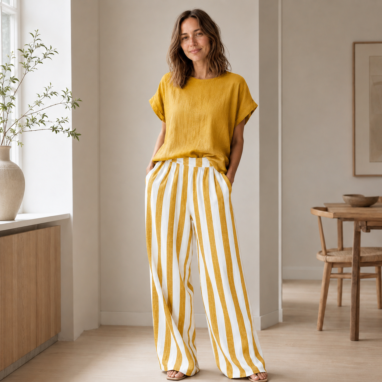 Conjunto Loungewear Runa – Top Básico y Pantalón de Rayas