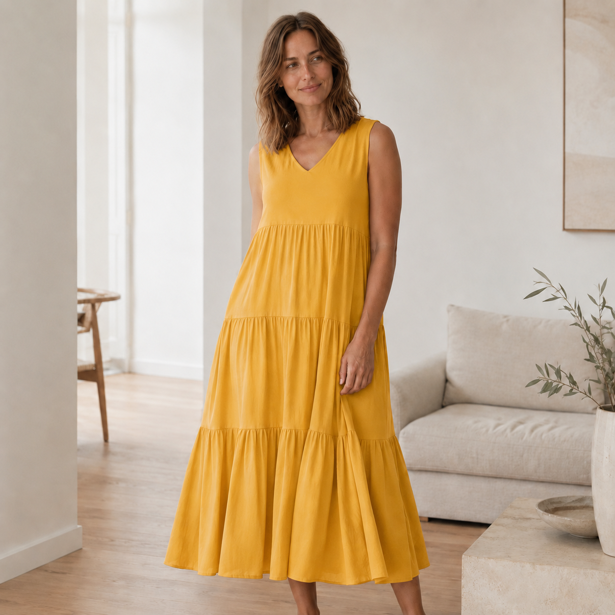 Vestido Largo Smilla – Fluido con Volantes Escalonados