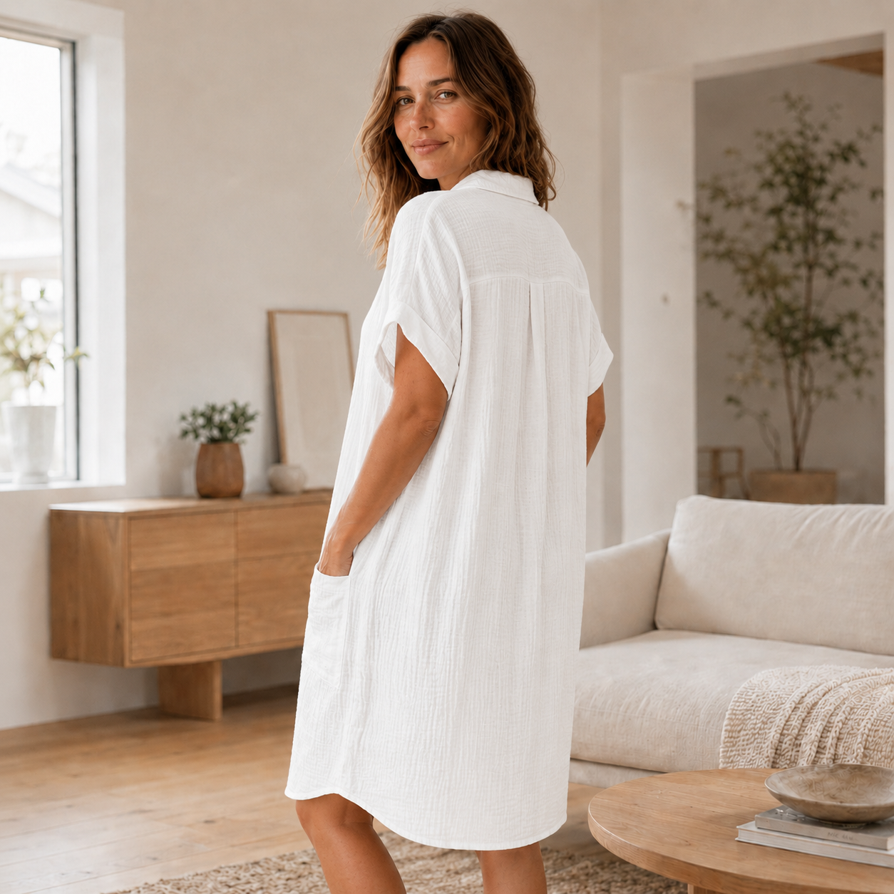 Vestido Camisero de Muselina Edda – Abotonado con Bolsillos