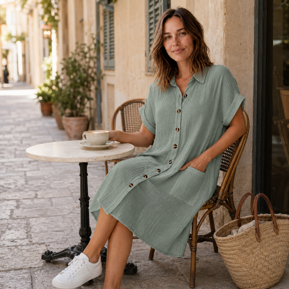 Vestido Camisero de Muselina Edda – Abotonado con Bolsillos