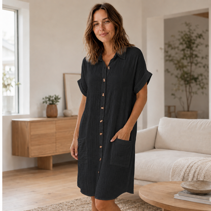Vestido Camisero de Muselina Edda – Abotonado con Bolsillos