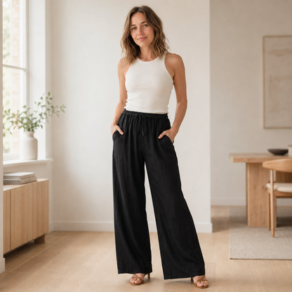 Pantalón Palazzo Alva – Pierna Ancha con Cinturón Anudado