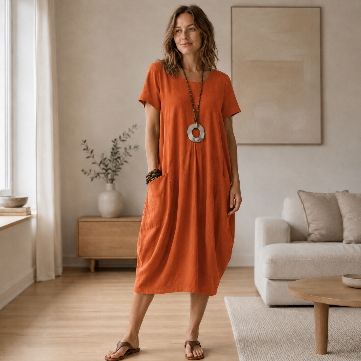 Vestido de Verano de Lino Mira – Corte Holgado con Bolsillos