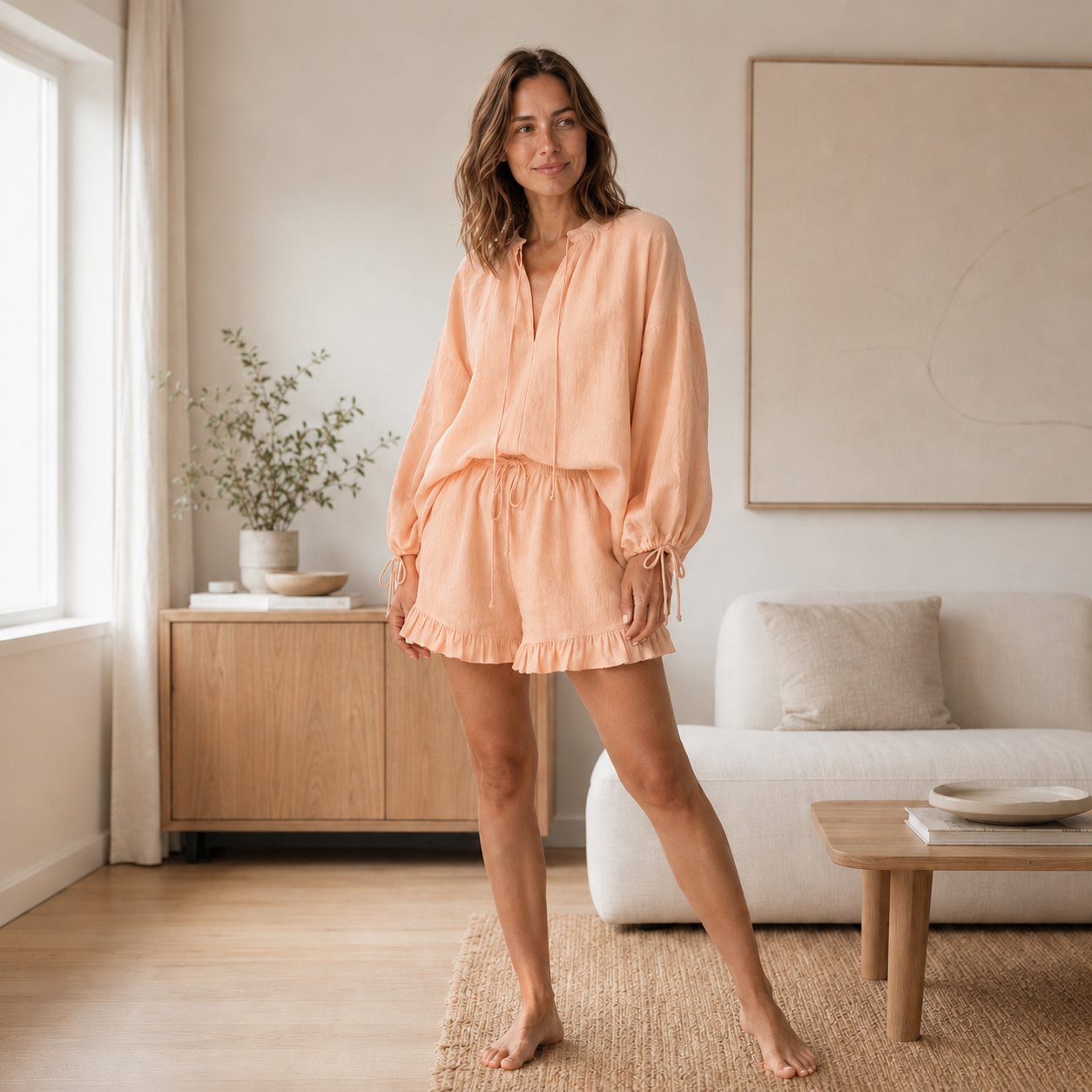 Conjunto Loungewear Alba – Blusa y Shorts con Volantes