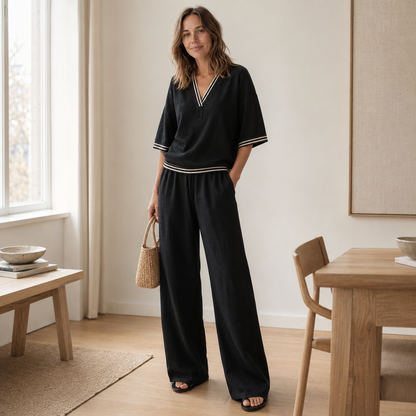 Conjunto Loungewear Nanna – Blusa de Rayas y Pantalón Ancho