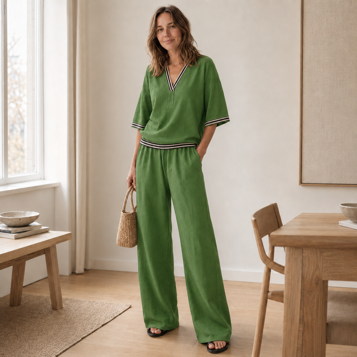 Conjunto Loungewear Nanna – Blusa de Rayas y Pantalón Ancho