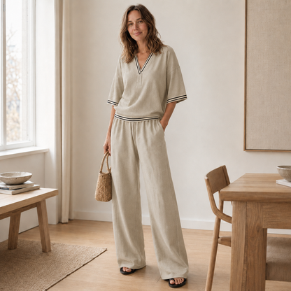 Conjunto Loungewear Nanna – Blusa de Rayas y Pantalón Ancho