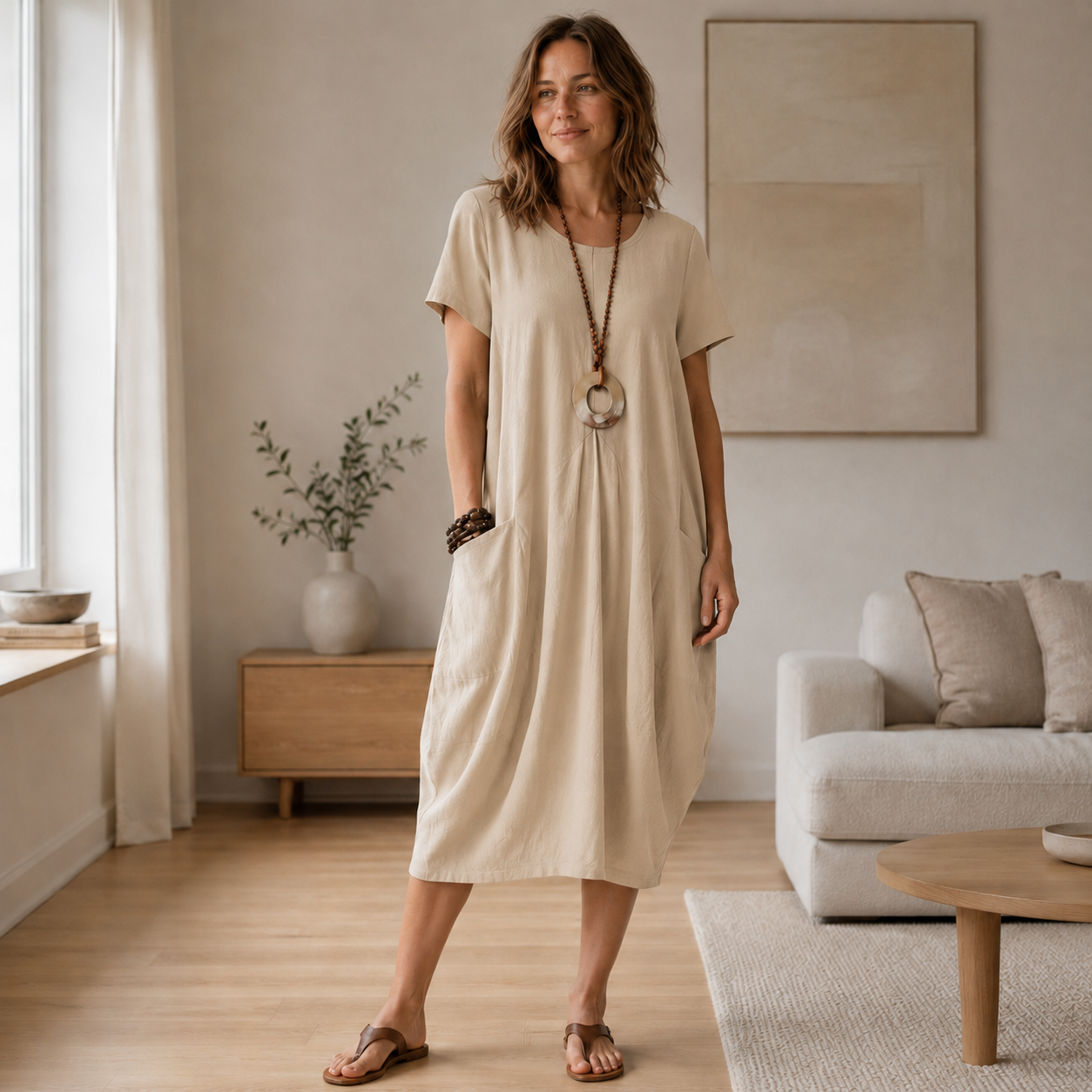 Vestido de Verano de Lino Mira – Corte Holgado con Bolsillos