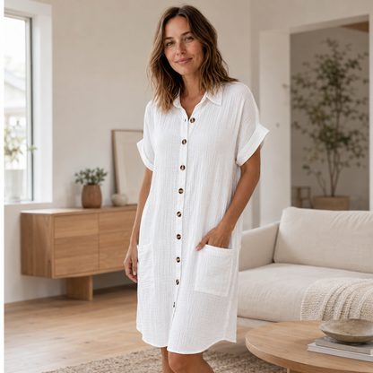 Vestido Camisero de Muselina Edda – Abotonado con Bolsillos