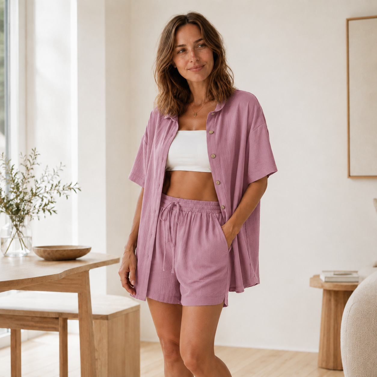 Conjunto Loungewear Nea – Camisa Oversized y Shorts