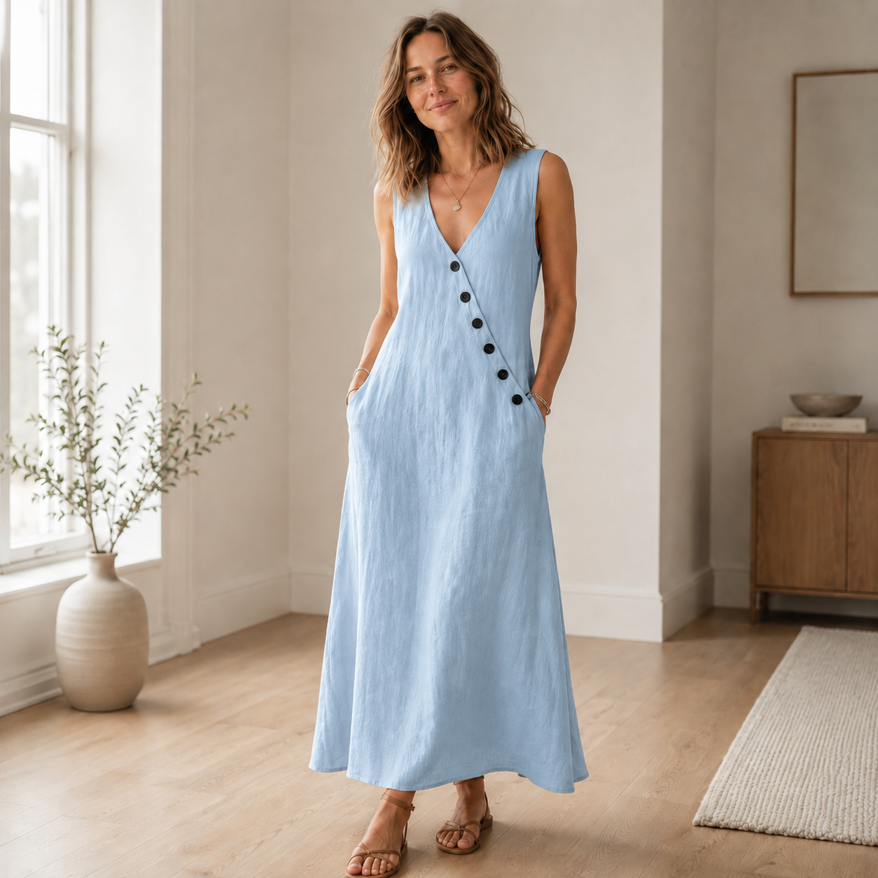 Vestido Largo Ines – Sin Mangas con Escote en V Profundo