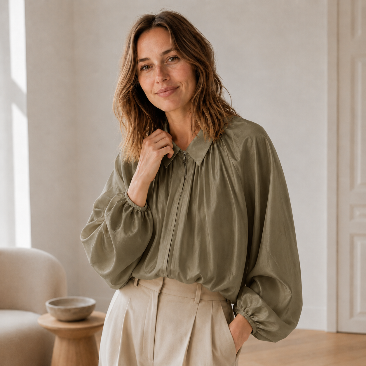 Blusa Camisera Oversized Lotte – Mangas Abullonadas y Bajo Globo